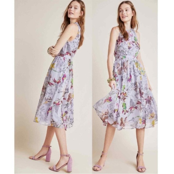 Anthropologie Lavender Floral Midi Dress Smock Back Waistband Size 8 - Picture 1 of 11